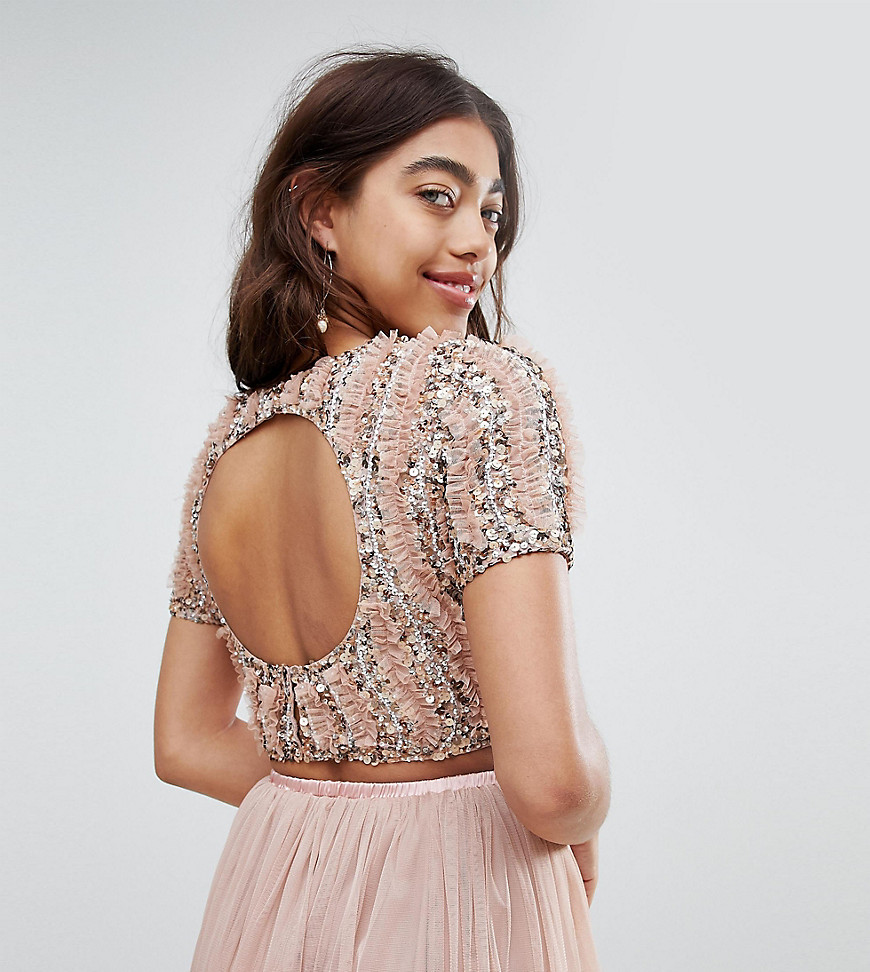 Lace & Beads cropped top with ruffle embellishment and open back co-ord