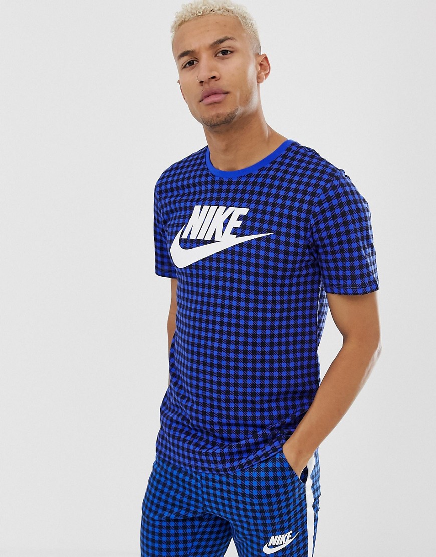 Nike T-Shirt With Gingham Check In Blue BQ1191-480