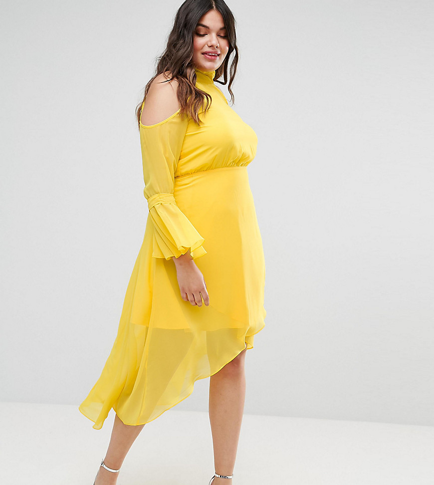 Truly You Cold Shoulder Midi Dress With Fluted Sleeve - Yellow