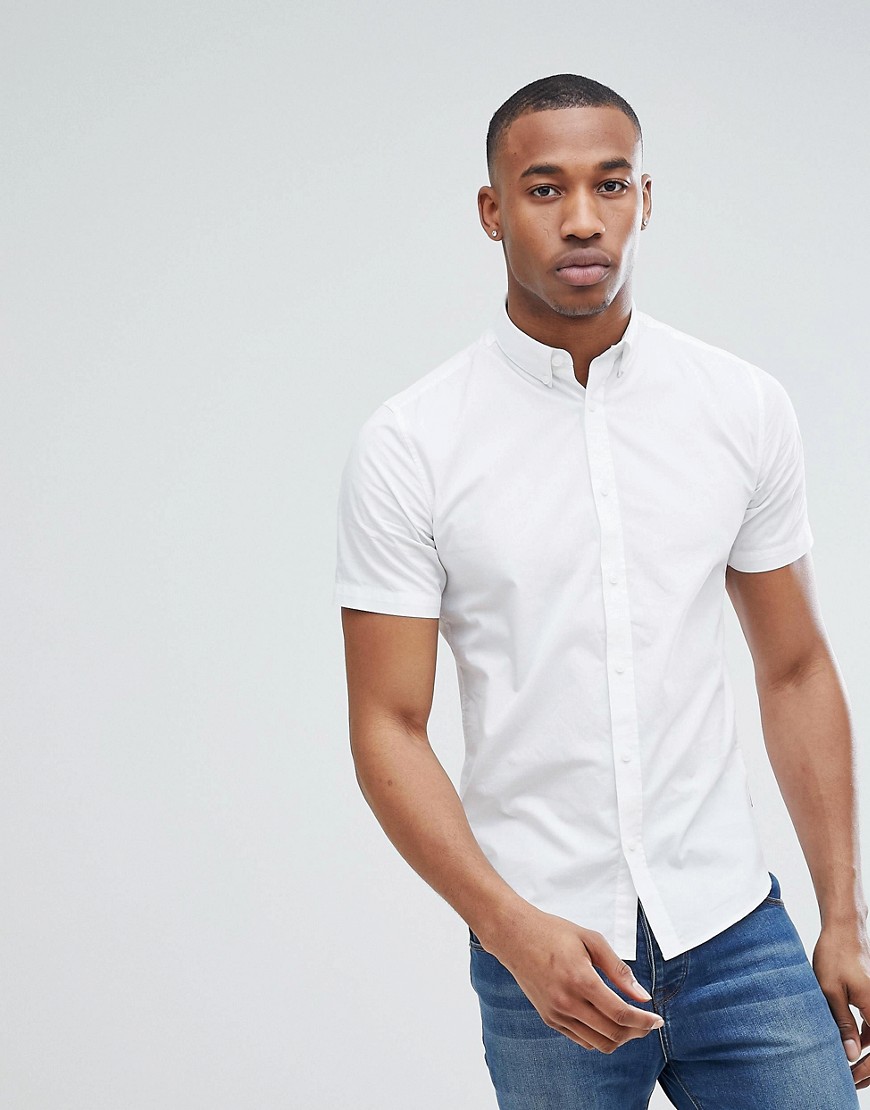 Only & Sons stretch poplin button down short sleeve shirt in white