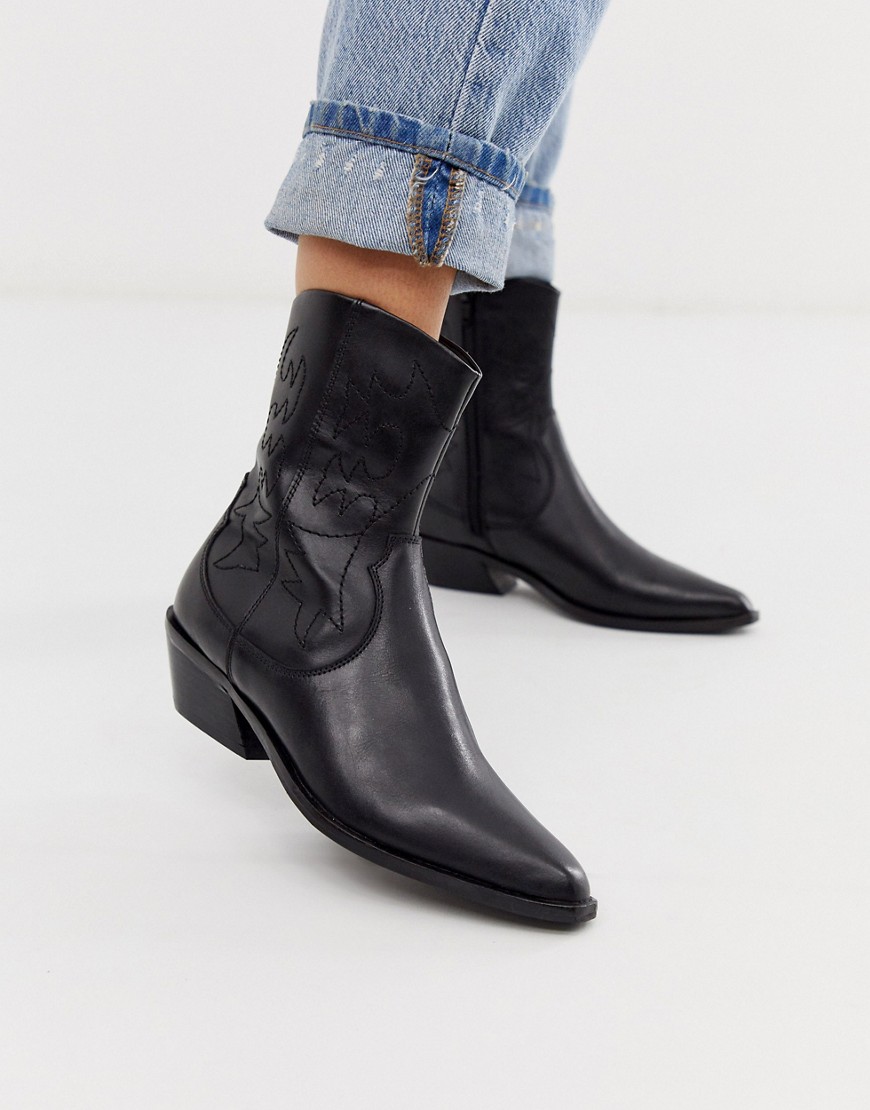 Asos Design Autumnal Leather Cowboy Boots In Black