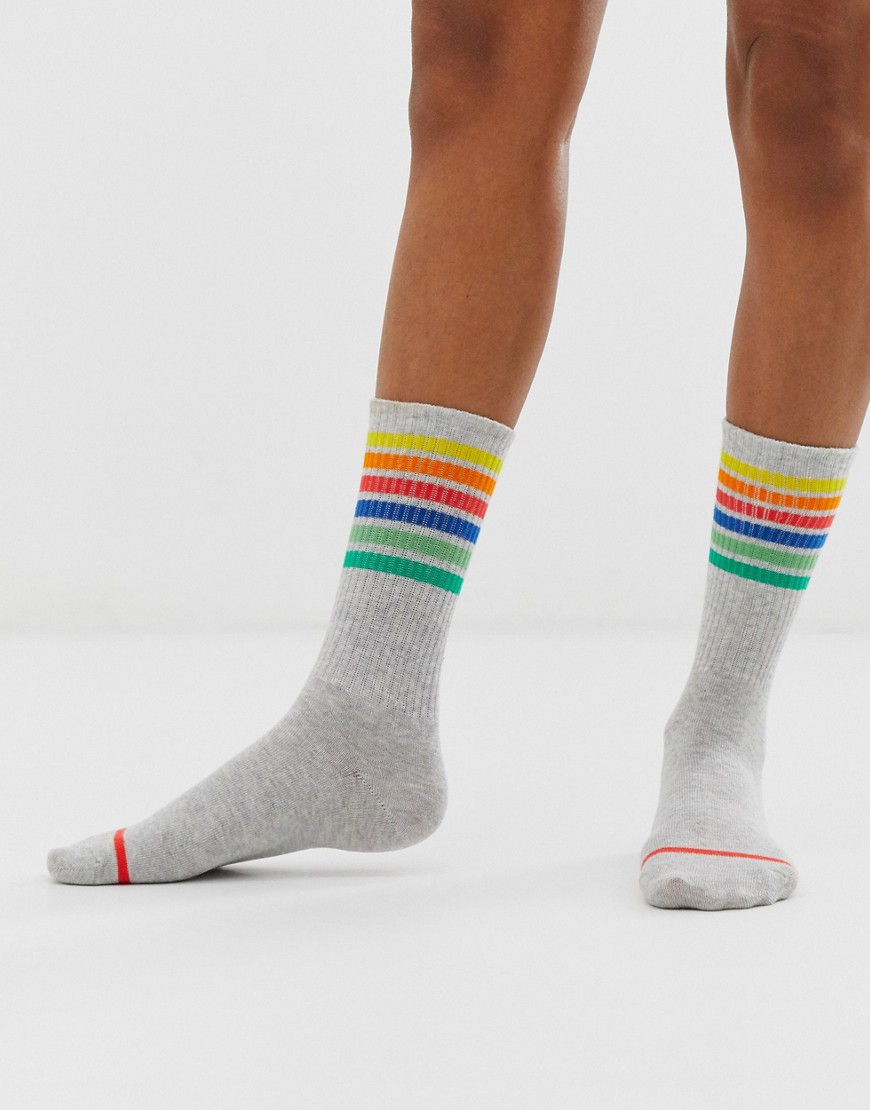 Monki ribbed socks with multi stripe detail in grey