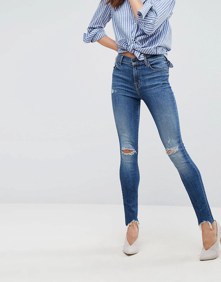 J Brand Maria High Rise Skinny Jeans With Distressed Knee And Hem - Revoke destruct blue