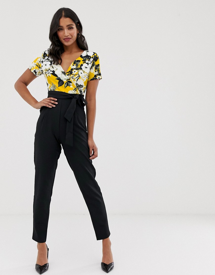 Paper Dolls short sleeve mock wrap jumpsuit with printed top and colour block tapered trousers