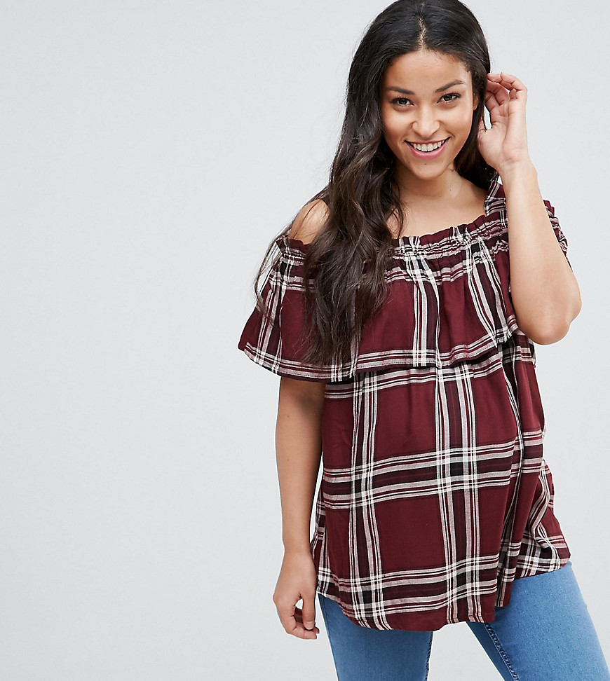 New Look Maternity Check Cold Shoulder Top - Red pattern