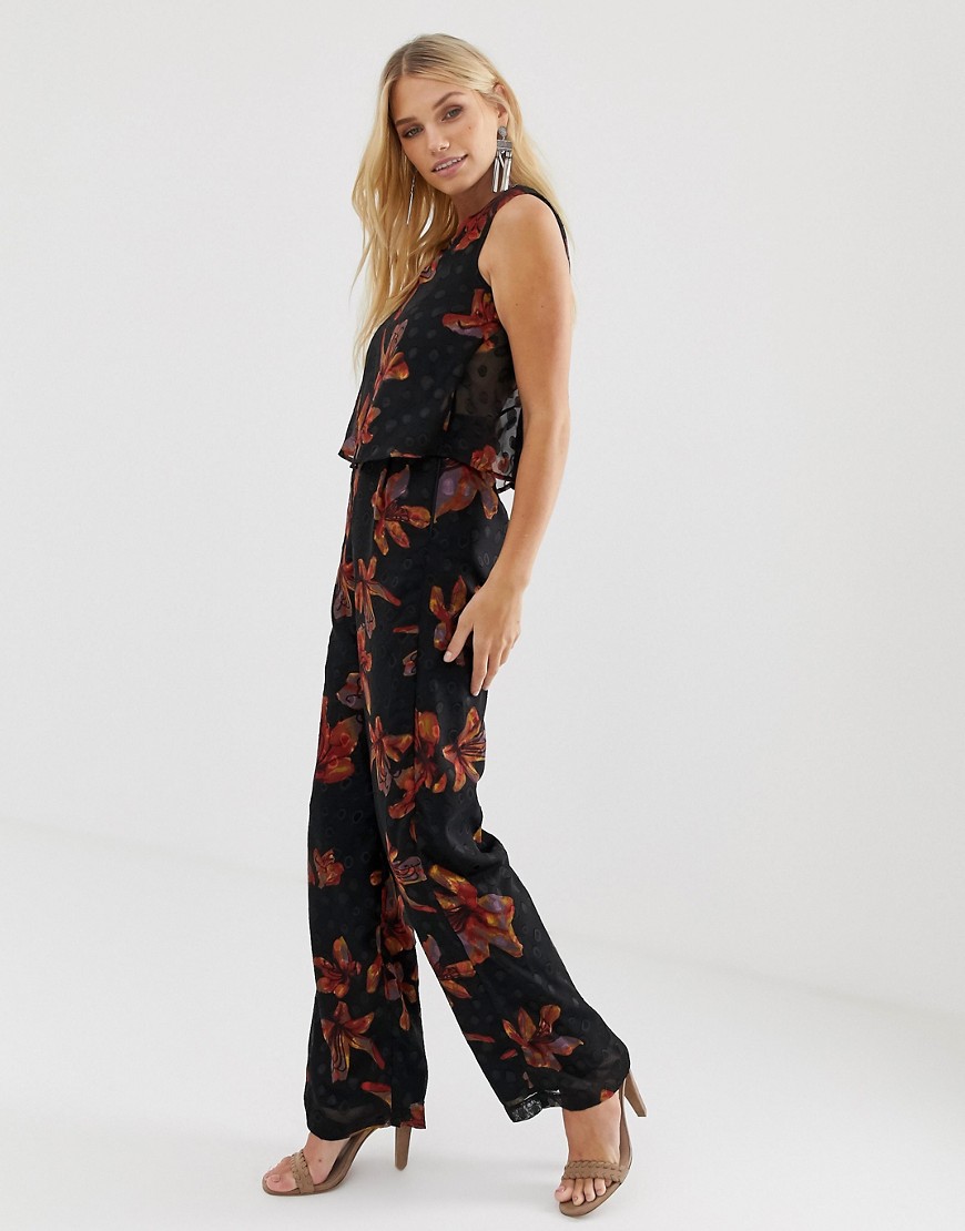 Religion sleeveless jumpsuit in dobby floral