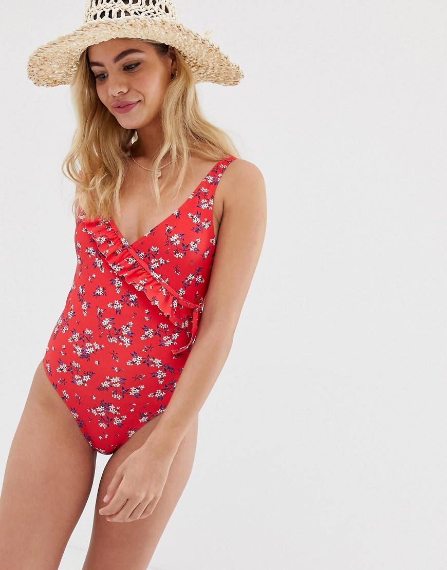 New Look ditsy wrap swimsuit in red pattern
