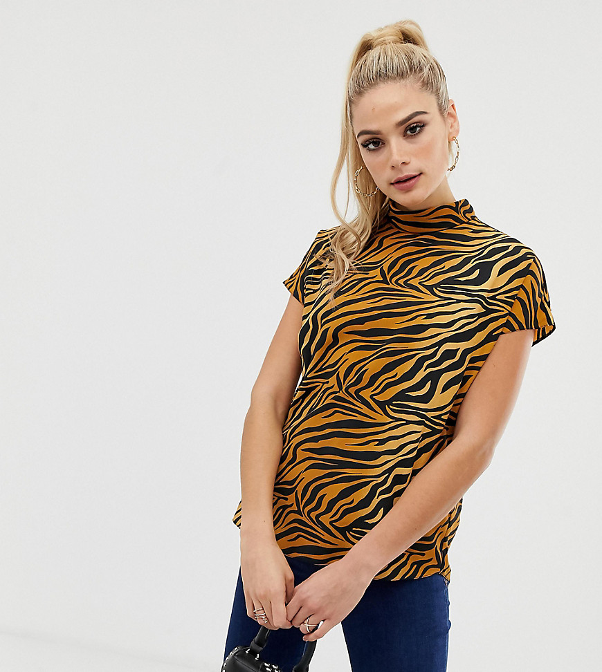 ASOS DESIGN Tall short sleeve high neck top in tiger animal print