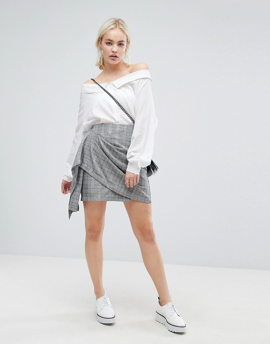 J.O.A Wrap Front Mini Skirt In Vintage Check