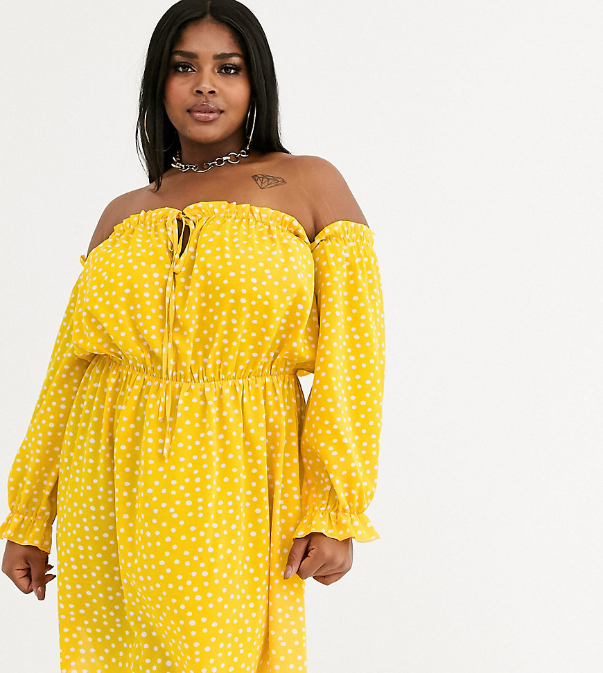 Koco & K Plus bardot gathered off shoulder mini dress in yellow geo print