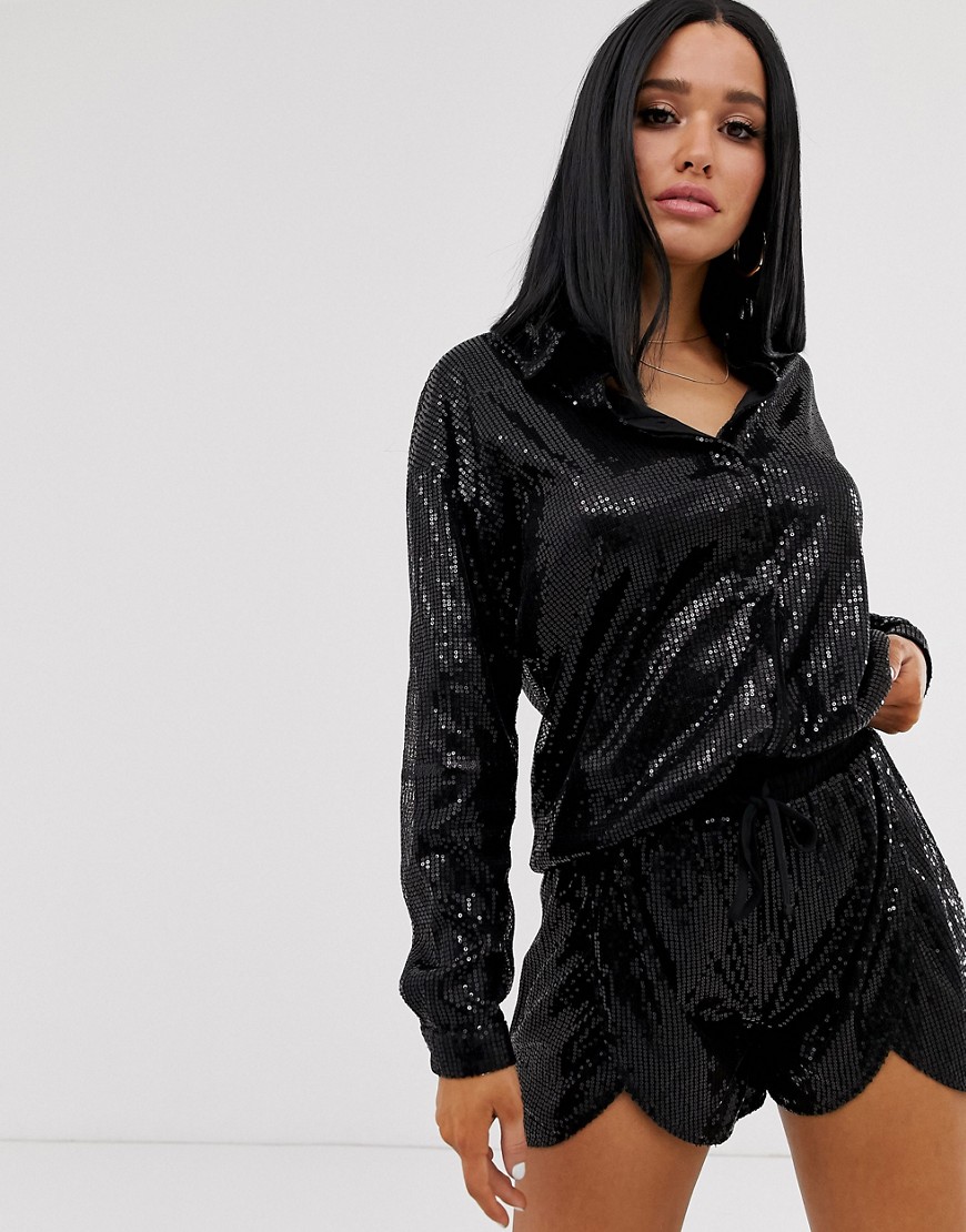 Lioness sequin oversized shirt in black
