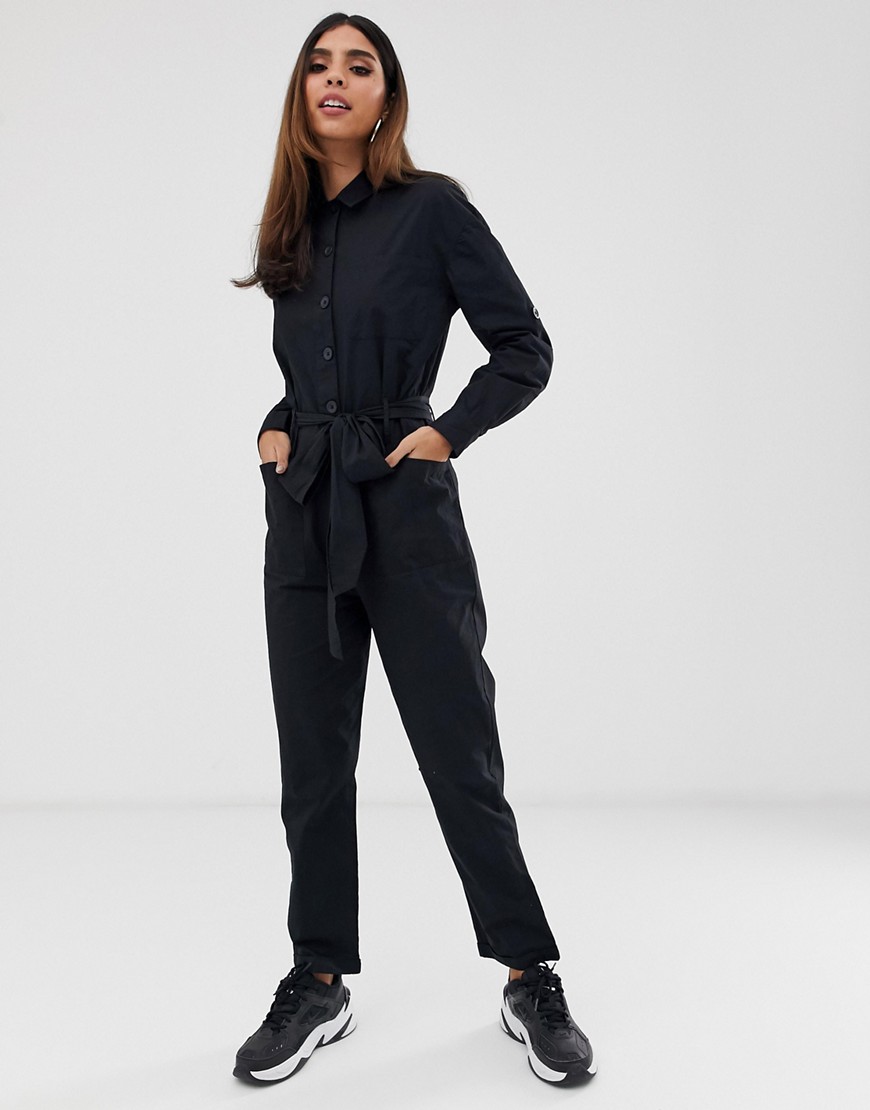 Asos Design Boilersuit With Button Front And Waist Detail - Black