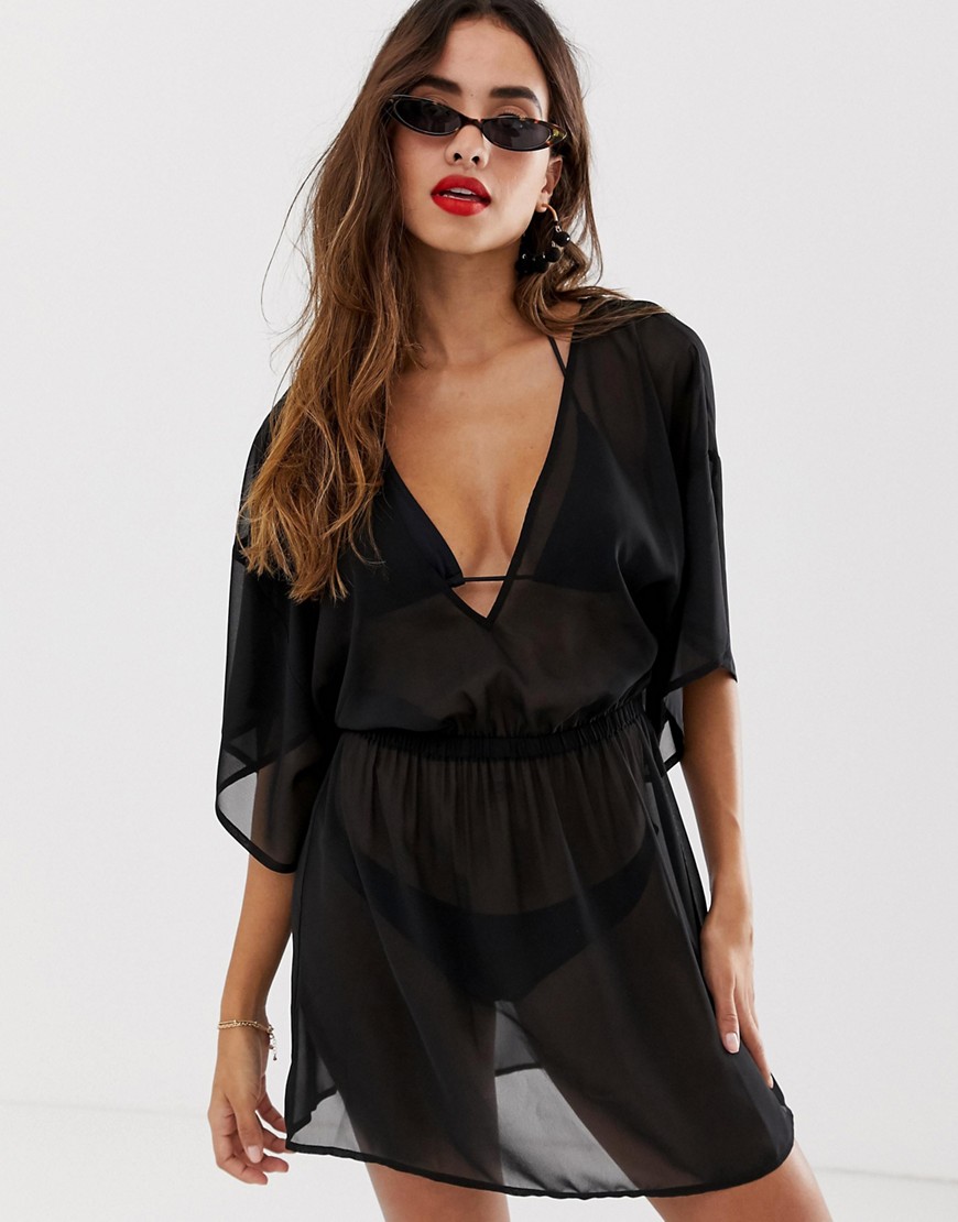 ASOS DESIGN recycled kimono sleeve tie back chiffon beach cover up in black