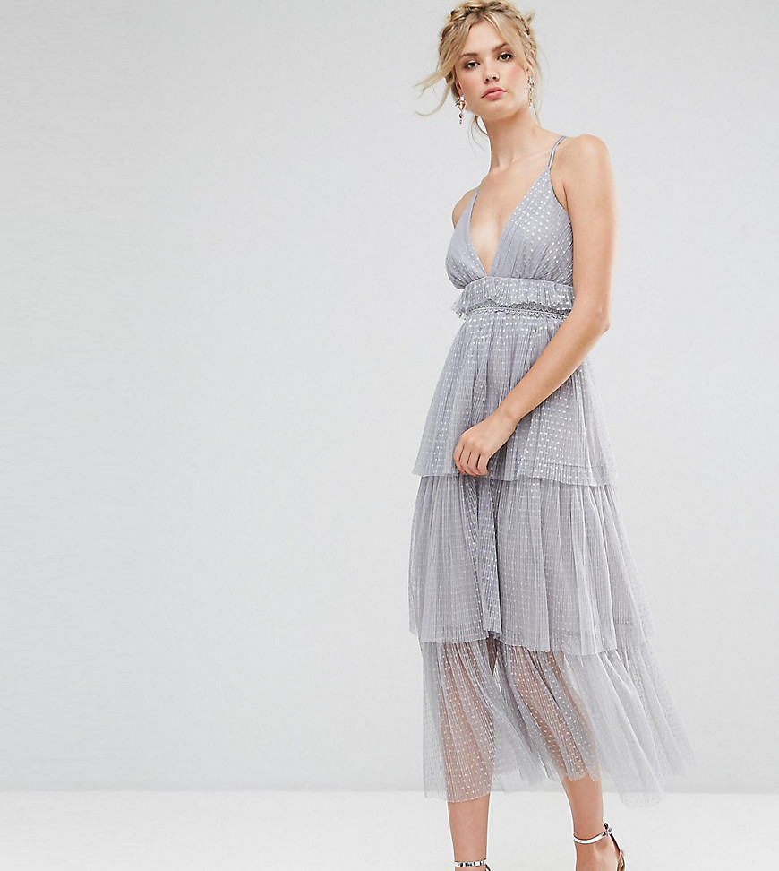 True Decadence Tall Premium Tulle Ruffle Layered Midi Dress With Strappy Back Detail - Grey
