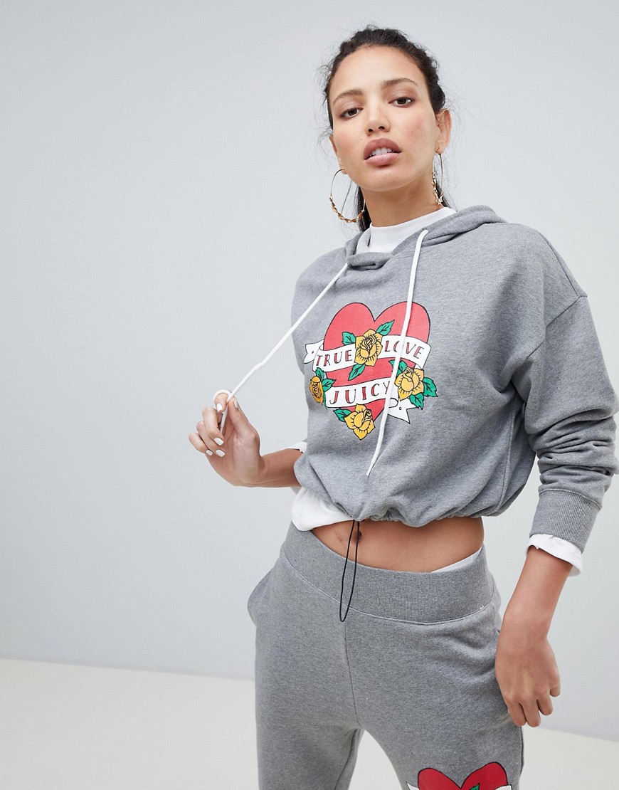 Juicy By Juicy Couture Crop Hoodie With Heart Logo - Heather grey