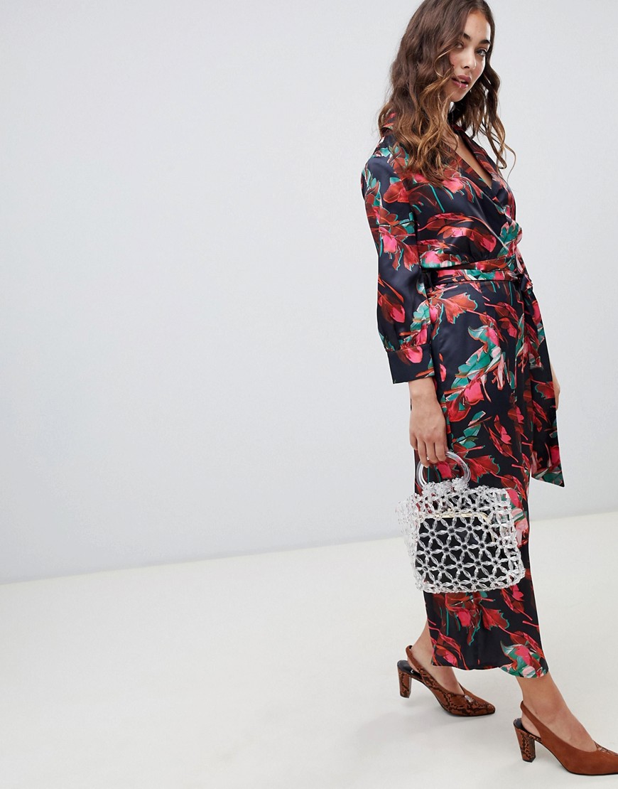 Lost Ink wide leg jumpsuit with tie waist in abstract floral print