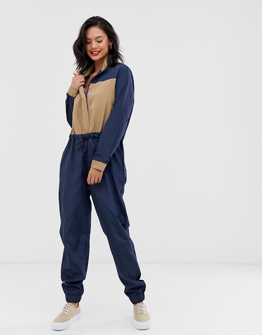 Daisy Street contrast colourblock boilersuit with high neck in navy and tan