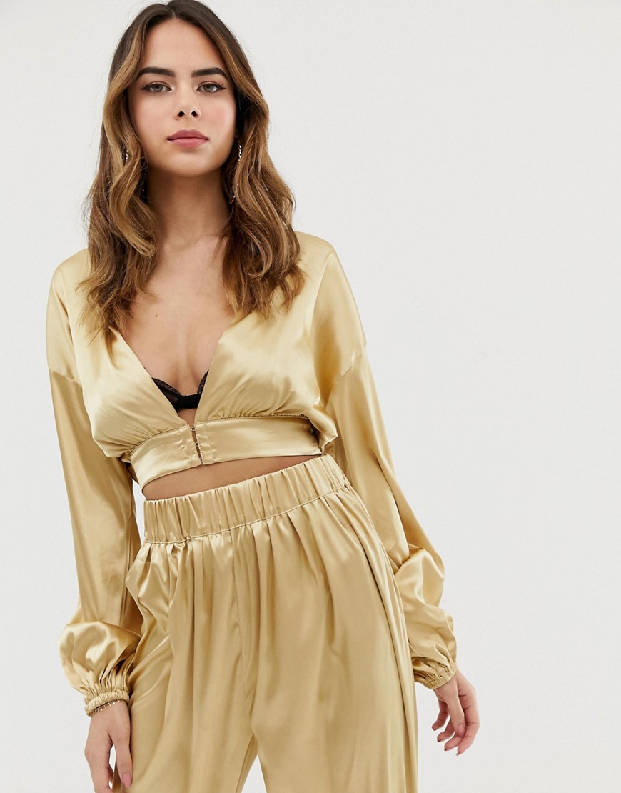 Lioness plunge front wrap top co-ord in gold