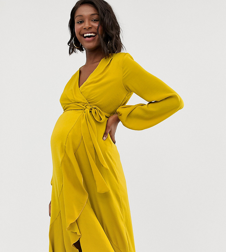 Flounce London Maternity wrap front midi dress in chartreuse