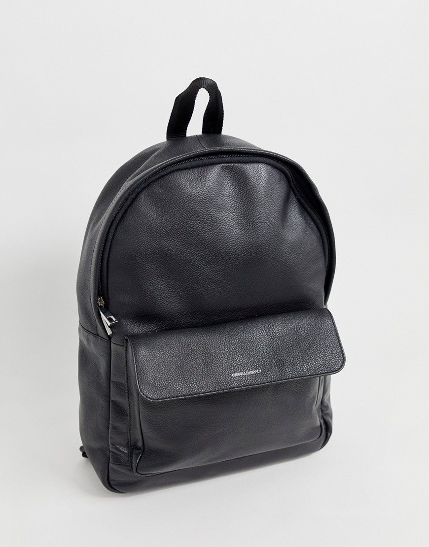Asos Design Leather Backpack In Black With Foil Logo Emboss