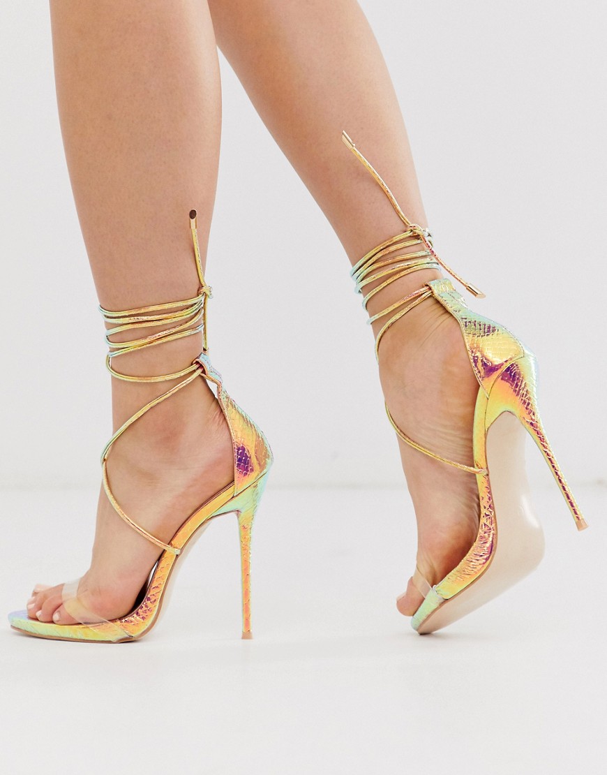 Simmi London Shania iridescent ankle tie stiletto heeled sandals