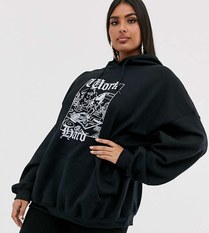 New Girl Order Curve boyfriend hoodie with work hard play hard graphic