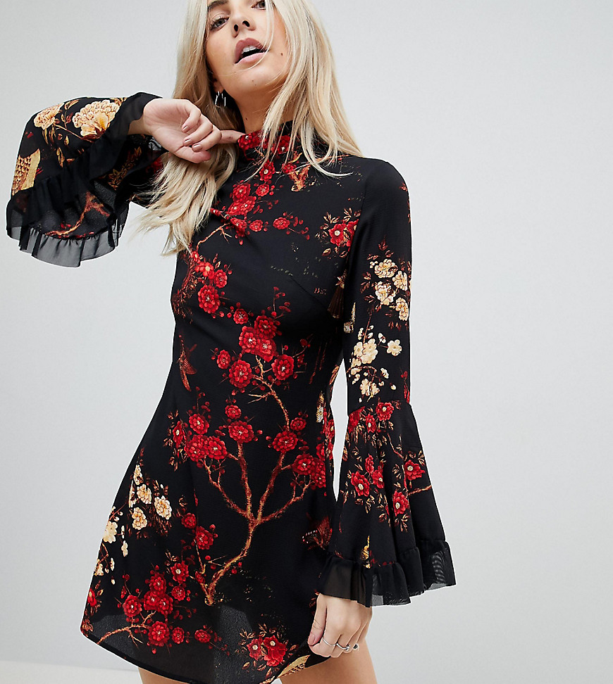 Parisan Petite High Neck Floral Dress With Flare Sleeve - Black/red