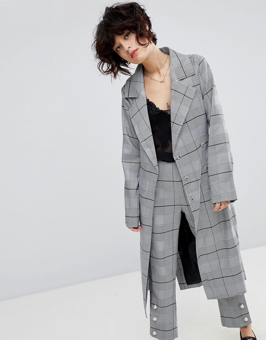 J.O.A Wrap Mac Jacket In Suit Check Co-Ord - Black plaid