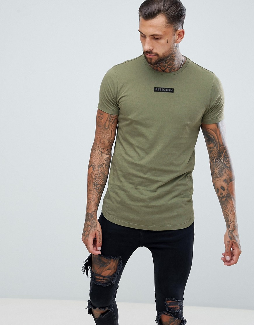 Religion muscle fit t-shirt with curved hem in khaki - Army green