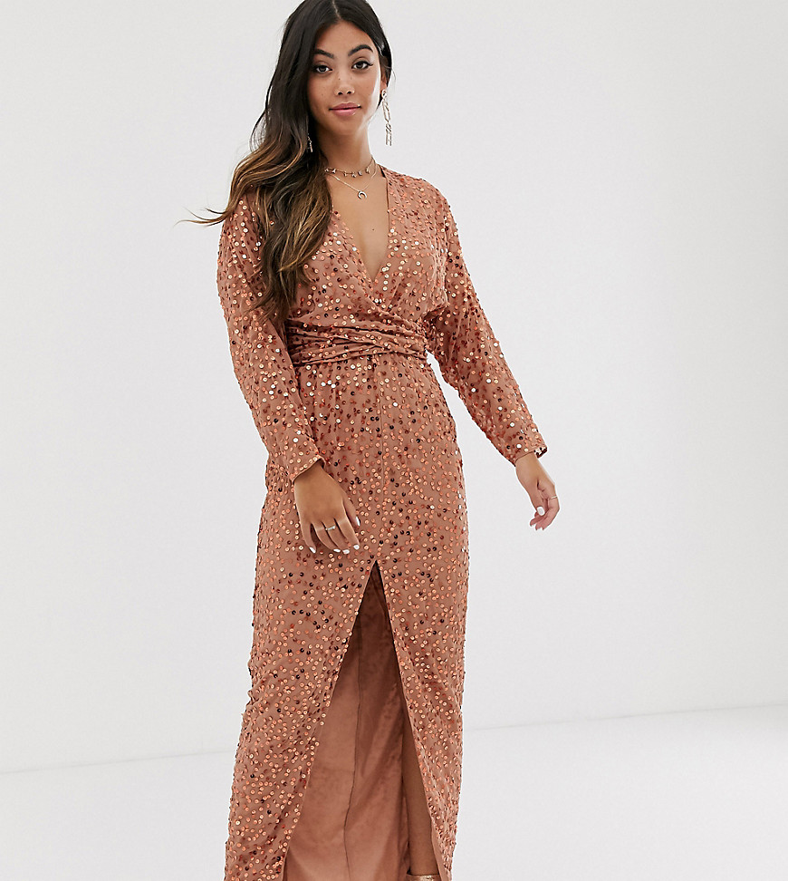 ASOS DESIGN Petite maxi dress with batwing sleeve and wrap waist in scatter sequin