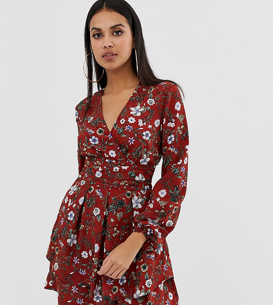PrettyLittleThing v neck tiered tea dress in red floral