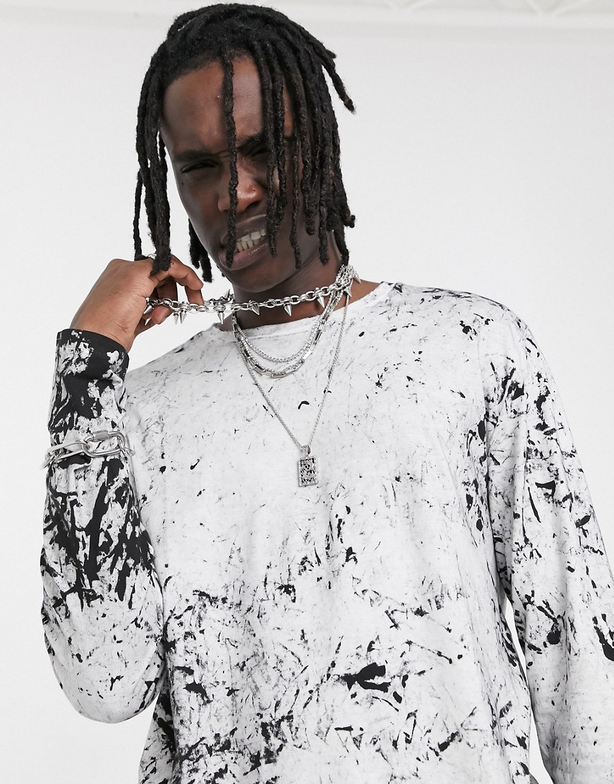 ASOS DESIGN organic cotton relaxed longline long sleeve shirt with curved hem in white tie-dye wash