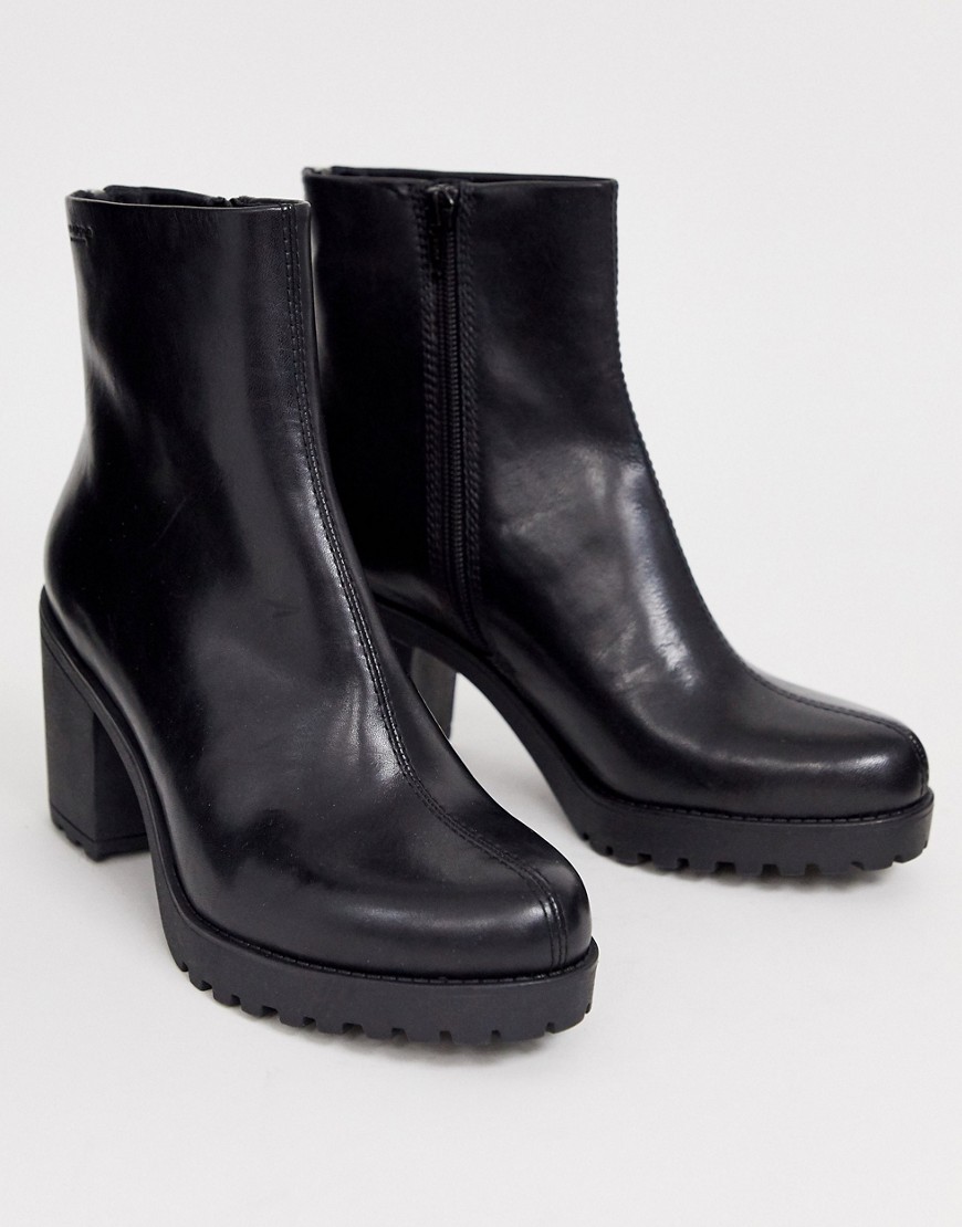 Vagabond Grace Black Leather Chunky Mid Heeled Ankle Boots
