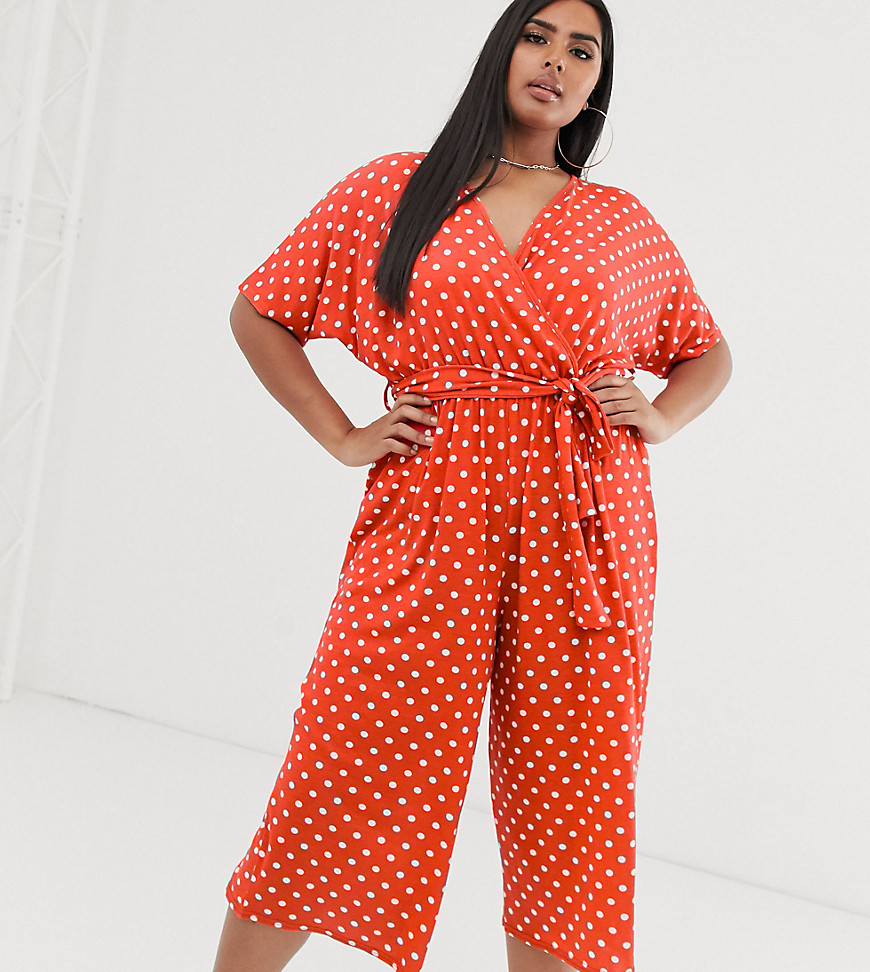 Boohoo Plus exclusive culotte jumpsuit in red polka dot