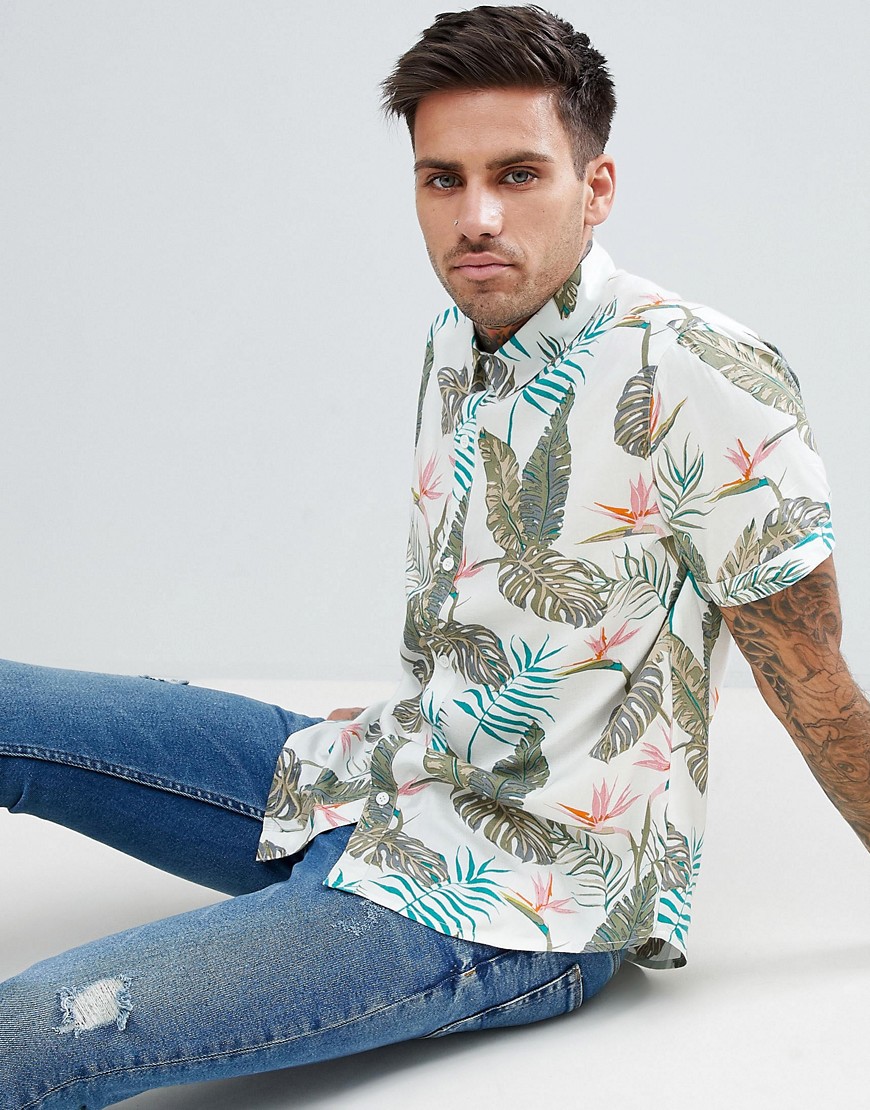 Another Influence Tropical Boxy Block Short Sleeve Shirt - White