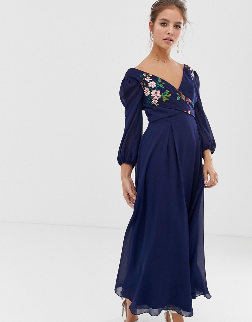 Little Mistress floral embroidered midaxi skater dress in navy