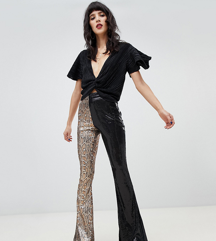 Dusty Daze contrast leg flares in snake and sequin