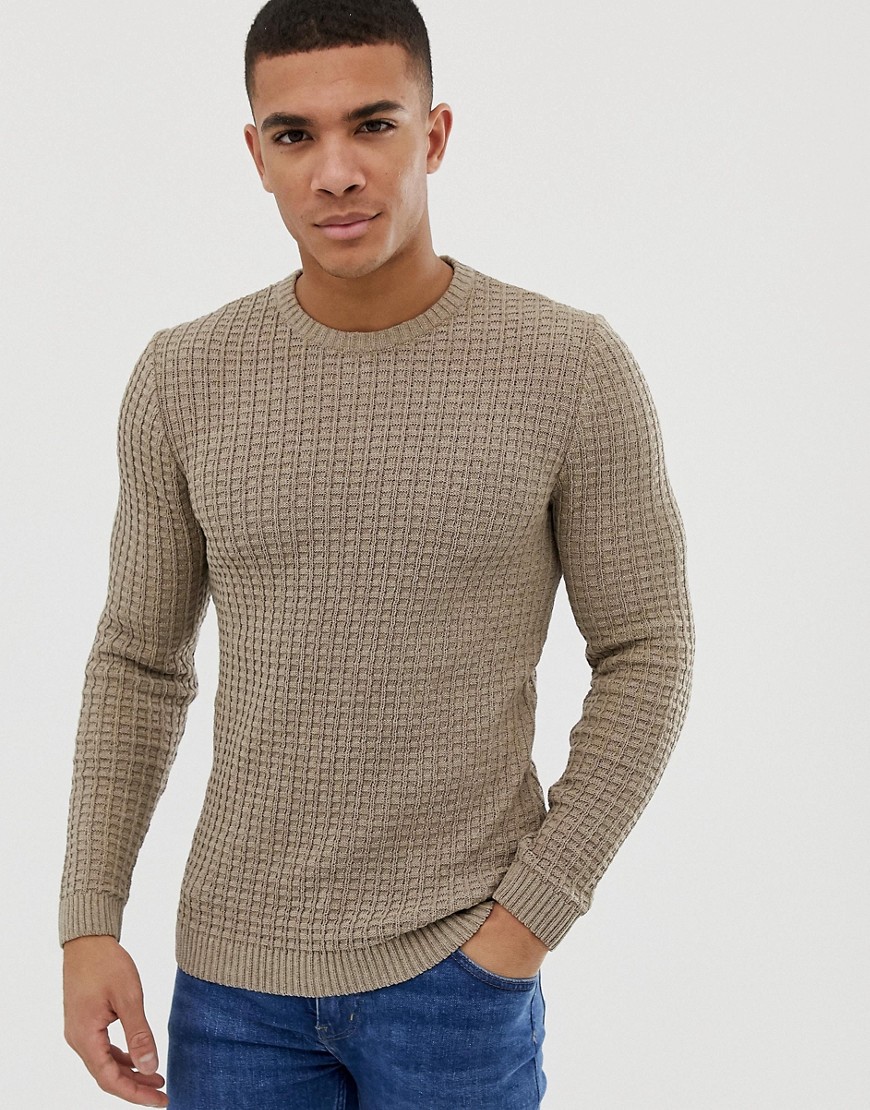 Asos Design Muscle Fit Textured Sweater In Tan | ModeSens