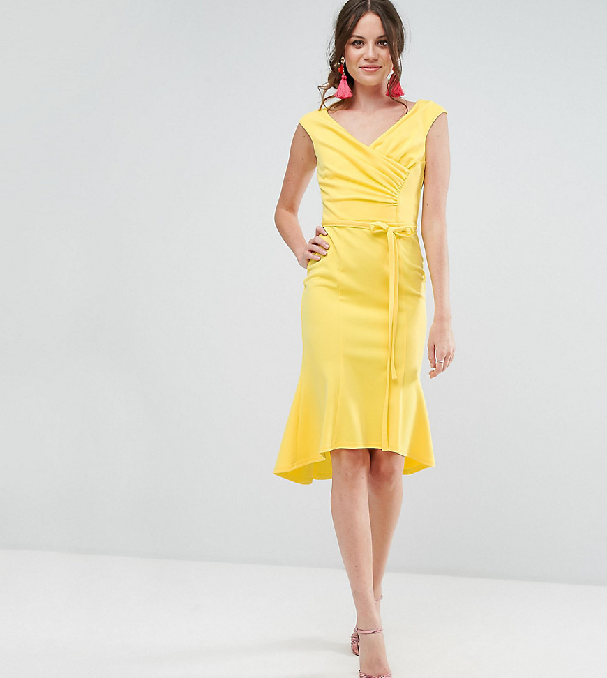 City Goddess Tall Wrap Front Peplum Midi Dress - Lemon