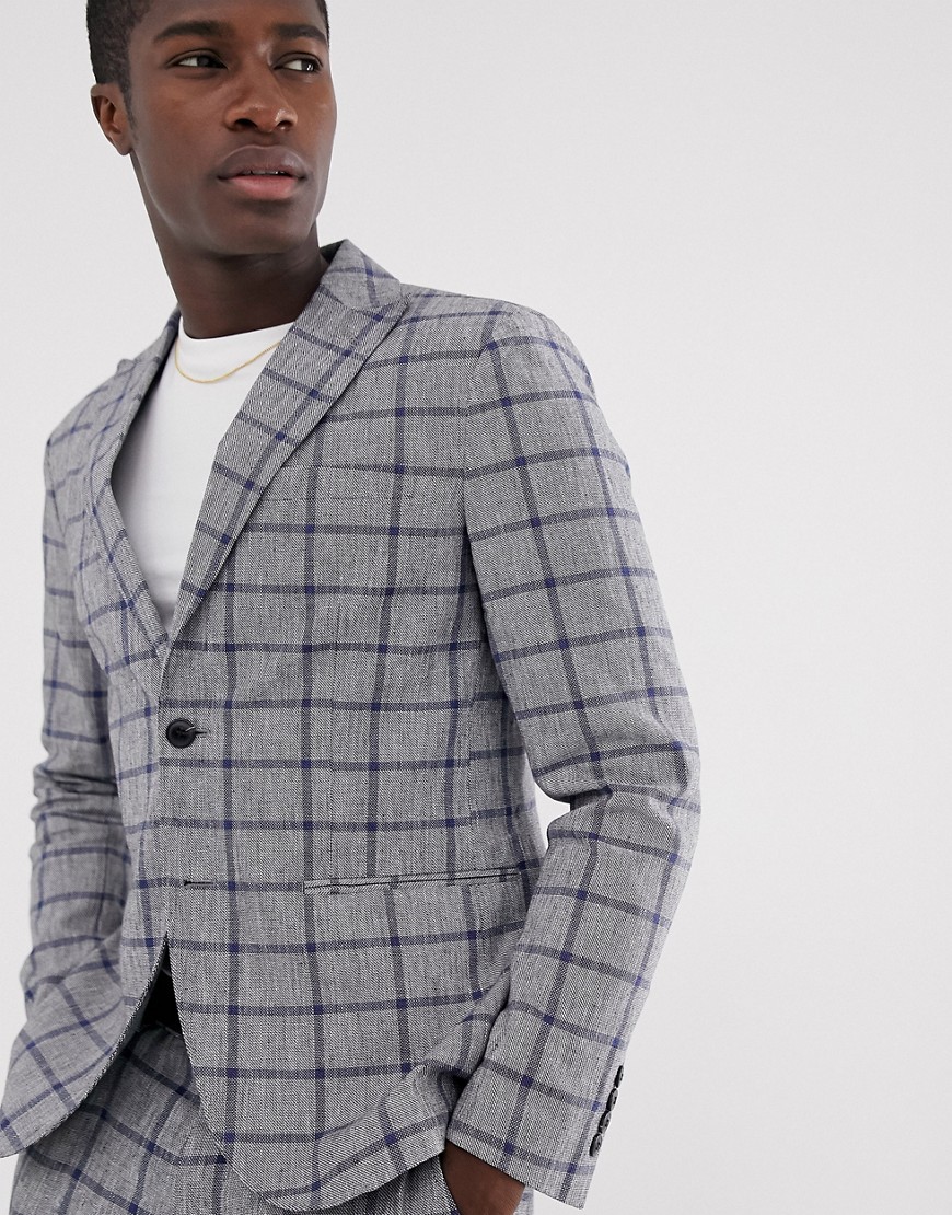 Selected Homme slim suit jacket in window pane check cotton linen