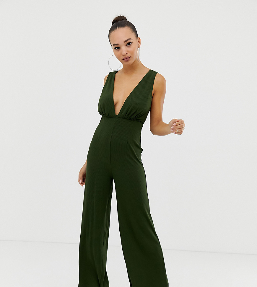 Parallel Lines plunge front jumpsuit with strappy back in rib