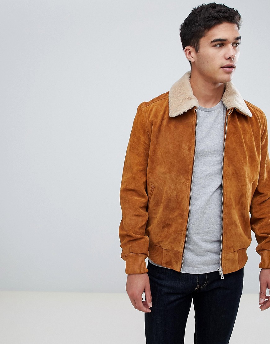 Barney's Originals Suede Bomber Jacket with Borg Collar - Timber