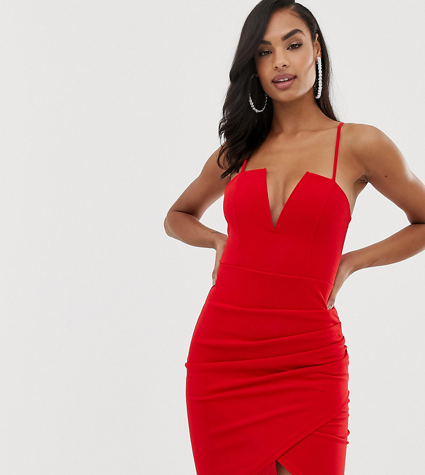 Scarlet Rocks deep plunge mini dress with wrap skirt in red