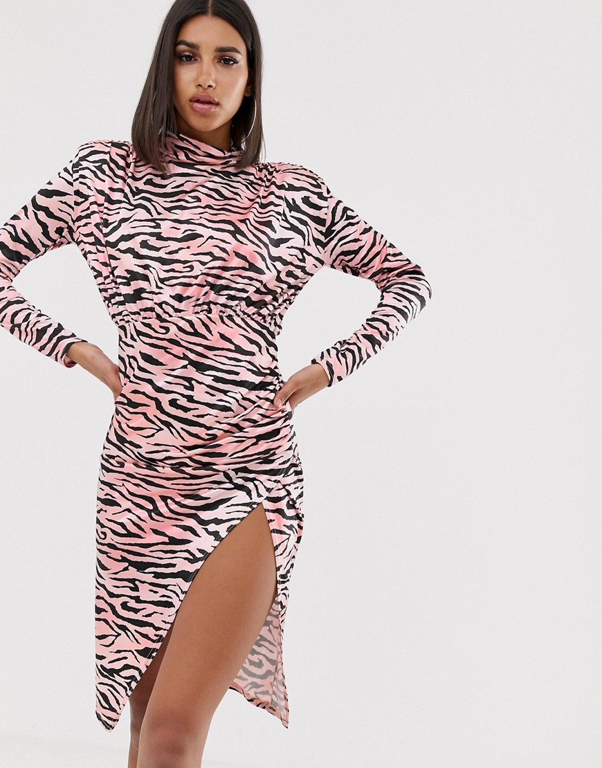 In The Style Tiger Print High Neck Split Front Midi Dress