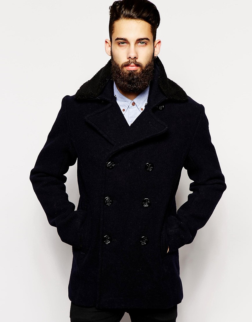 Schott Wool Rich Borg Collar Double Breasted Pea-coat Jacket size M ...