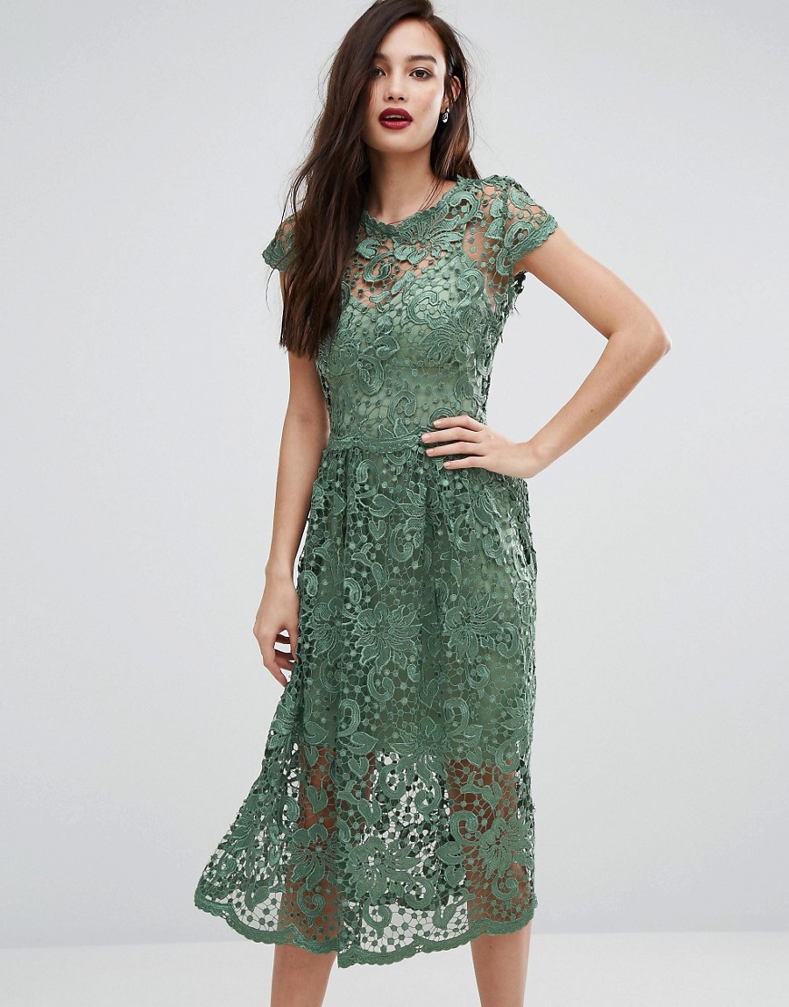Bodyfrock Lace Midi Skater Dress with Cap Sleeve - Green