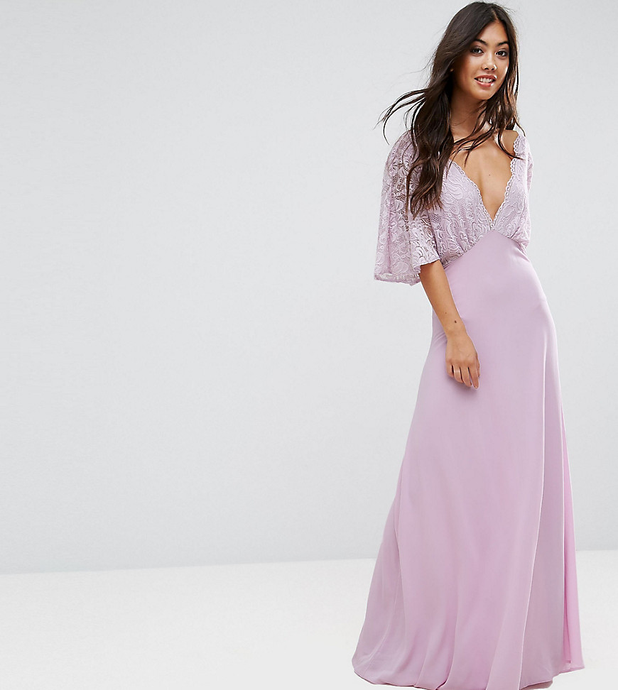 John Zack Petite Open Back Maxi Dress With Fluted Lace Sleeve - Lavender