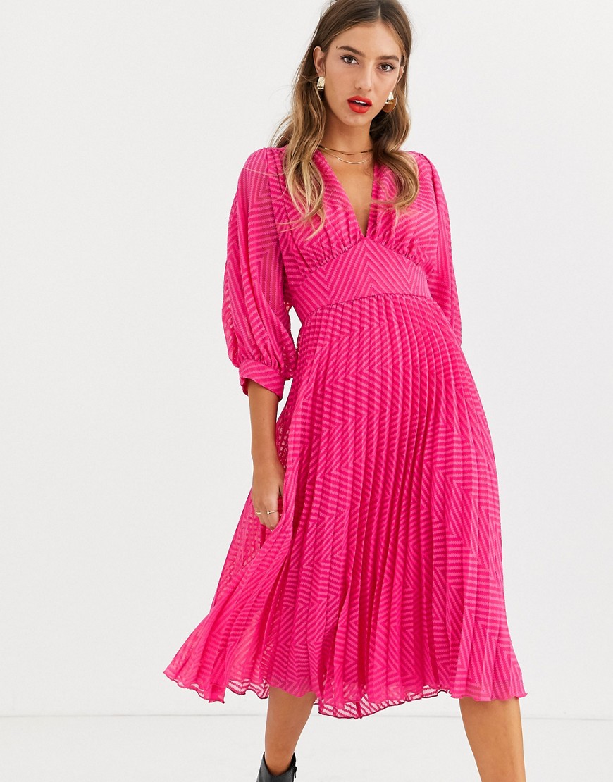 Asos Design Pleated Batwing Midi Dress In Chevron Dobby In Hot Pink