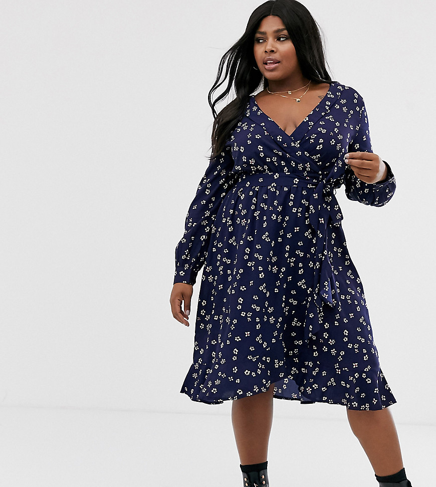 Influence Plus wrap front midi dress in navy floral
