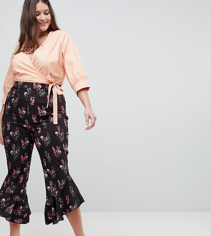 Fashion Union Plus Trousers With Ruffle Hem In Vintage Floral